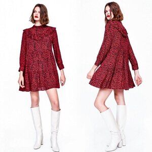 Zara Red & Black Animal Print Ruffle Long Sleeve Mini Dress M